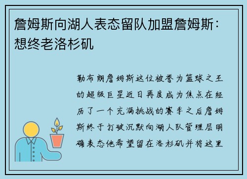 詹姆斯向湖人表态留队加盟詹姆斯：想终老洛杉矶